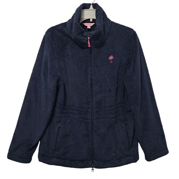 Lilly Pulitzer Maddie Full Zip Up Closure Fuzzy Comfy Sweater Large Navy - Picture 1 of 16